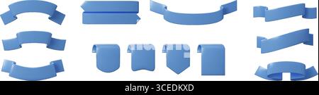3D-Bänder. Blaues Banneretikett, Flaggentitel oder Verkaufsticker Kollektion. Band-Rahmen-Emblem, Lesezeichen-Rahmen. Kurvengefaltetes Band, heraldische Elemente. Gewelltes elegantes Band. Vektorrendern isolierter Satz Stock Vektor