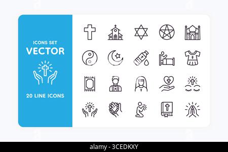 Religionssymbole. Gebetslinie. Betende Handgeste. Bibelbuch. Islamkirche. Christlicher glaube. Ehrenamtliche Tätigkeit für Wohltätigkeitsorganisationen. Katholisches Kreuz. Jüdischer David-Star. Buddhismus-Yin-Yang-Zeichen. Vektorkonturen festgelegt Stock Vektor