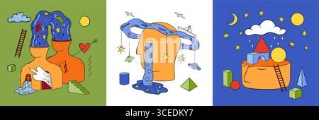 Psychische Gesundheit. Menschlicher Verstand. Psychologie surreales Gehirn. Ein Paar träumt zusammen. Labyrinth oder 3D-Kopfraum. Psychedelisches kreatives Wachstum. Traurigkeit oder Depression. Abstrakte Karten. Psychotherapie-Vektorkonzepte Set Stock Vektor