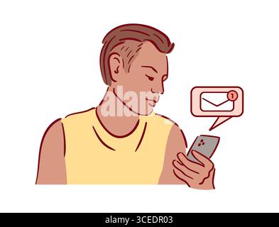 Eine junge Person, die E-Mails auf ihrem Smartphone abruft und digitale Kommunikation vorstellt. Stock Vektor