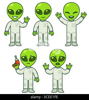 Niedliches Alien-Set mit Zeichentrick. Kleines grünes Alien mit verschiedenen Posen und Ausdrücken. Isolierte Vektorgrafik. Stock Vektor