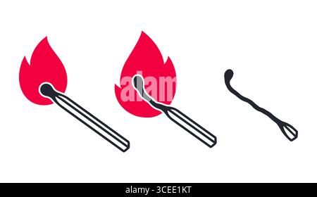 Brennende und verbrannte Streichholzvektor-Illustration Set. Passt zu und feuert, einfaches Symbol oder Logo in fettgedruckten Farben. Stock Vektor