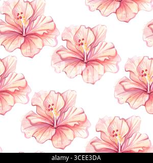 Nahtloses Blumenmuster mit Hibiskusblüten in sanften rosa Tönen auf weißem Hintergrund, geeignet für Tapeten und dekorative Verwendung Stock Vektor