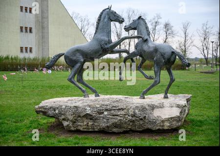 HORTOBAGY, UNGARN 23. APRIL 2022 zwei Bronzeskulpturen von verspielten Fohlen, die auf einem großen hellbeigen Stein spielerisch interagieren, vor einem lebendigen Hintergrund Stockfoto