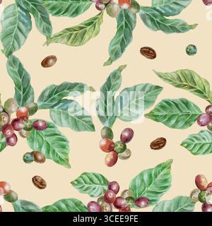 Botanischer Kaffeezweig mit grünen Blättern und Früchten, nahtlosem Muster. Handgezeichnetes Aquarell isoliert. Vektor-Clip-Art für Textil- und Geschenkpapier Stock Vektor