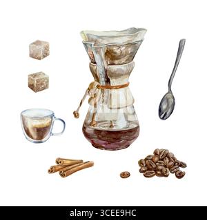 Gießen Sie eine Kaffeemaschine mit Glaskanne, gerösteten Kaffeebohnen, Glasbecher, Löffel, Zuckerwürfeln, Zimtstangen. Handgezeichnetes Aquarell, isoliert für Menü, Stock Vektor