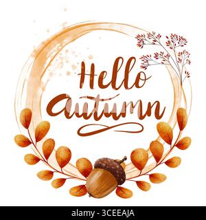 Ein Aquarellkranz mit Orangenblättern, Eicheln und zarten Zweigen. Eine handgezeichnete Illustration zum Thema Herbst in warmen Farben und Aquarellen Stockfoto