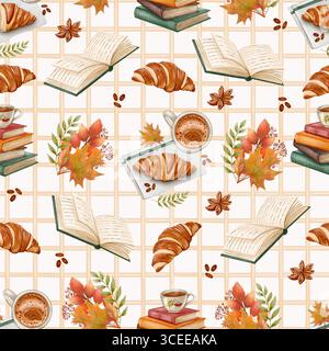 Nahtloses Muster mit Croissants, Büchern, Kaffeetassen, Herbstblättern und Sternanis, gezeichnet im gemütlichen Aquarellstil, perfekt für Herbstmotive Stockfoto