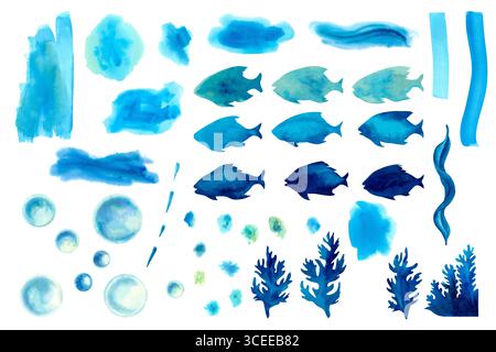 Set aus blauen Fischen, Algen-Silhouetten, Luftblasen, blauen Flecken, schattigen Hintergrund. Handgezeichnete Aquarellvorlage für maritimes Design, Kinder Stockfoto