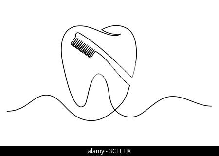 Durchgehende, einzeilige Zeichnung des Zahns im minimalistischen Stil isolierte Umrissdarstellung auf weißem Hintergrund Stock Vektor