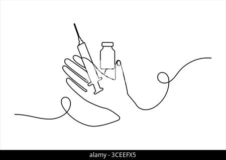 Impfstoff und Spritze durchgehende Einzeichenzeichnung im minimalistischen Stil isolierte medizinische Umrissdarstellung Stock Vektor