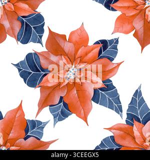 Aquarellmuster mit rotem Weihnachtsstern, handgezeichnet. Die botanische Abbildung ist auf einem weißen Hintergrund isoliert. Stockfoto