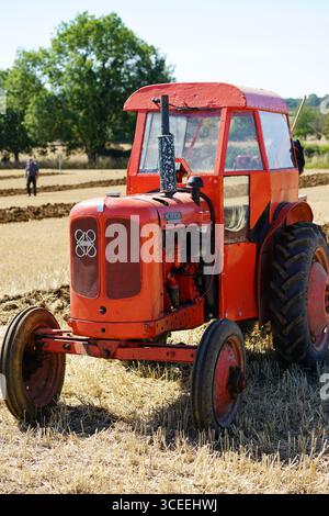 Roter Vintage-Traktor auf einem ernteten Feld während des Sonnentags. Pflügen Vintage, Rousham, England Stockfoto