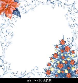 Quadratischer Weihnachtsrahmen mit Weihnachtsstern, Weihnachtsbaum mit Girlanden und Schneemornament auf weißem Hintergrund, handgezeichnet. Aquarellabbildung für Stockfoto