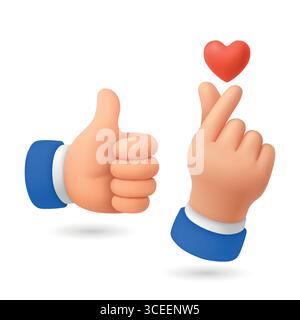 Vektor 3D Finger Herz Hand Geste Set. Koreanische Fingerherz-Illustration, die Liebe und Wertschätzung zeigt. Niedliche Handgesten für soziale Medien, K-Pop Stock Vektor