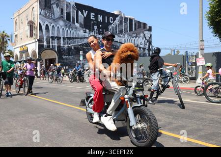 Venedig, Kalifornien, USA. August 2025. Die Teilnehmer fahren mit ihrem Hund auf der Windward Avenue während des 61. Open-Streets-Events „Culver City meets Venice“ in Venedig, Kalifornien am Sonntag, den 18. August 2025. Die Strecke erstreckte sich vom La Cienega Boulevard bis zum Venice Beach Boardwalk. (Credit Image: © Jonathan Alcorn/ZUMA Press Wire) NUR REDAKTIONELLE VERWENDUNG! Nicht für kommerzielle ZWECKE! Quelle: ZUMA Press, Inc./Alamy Live News Stockfoto