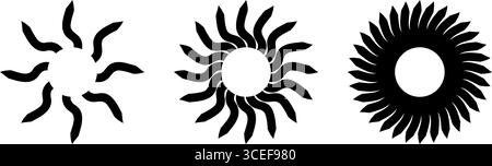 Spinnende psychedelische Sonnensymbole. Runde Verwirbelungssymbole. Spielzeugschilder mit Ventilator, Propeller, Windmühle oder Windrad. Vortex-, Schwindel- oder Tornado-Piktogramme isoliert auf weißem Hintergrund. Vektorgrafik. Stock Vektor