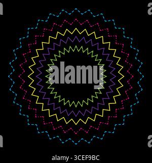 Geometrisches Blumenschmuck. Heller abstrakter Kranz. Bunte Vektorillustration. Schwarze Hintergrunddekoration. Stock Vektor