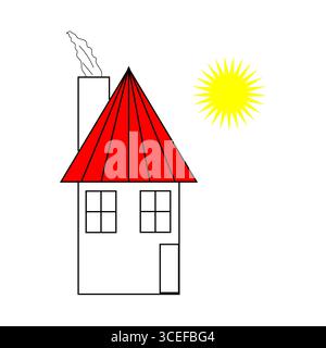 Einfache Hausabbildung. Roter Dachvektor. Sonniges Tagesdesign. Geometrisches Startsymbol. Stock Vektor