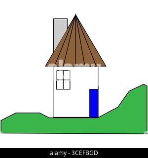 Illustration des Cottage House. Symbol für ländliches Haus. Vektor der Berglandschaft. Grüner Grashintergrund. Stock Vektor