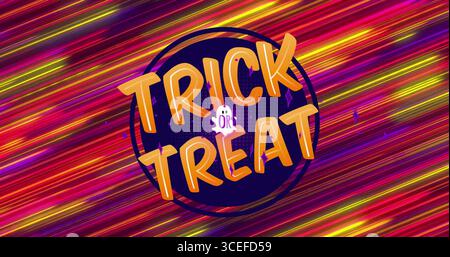 Bild von Trick- oder Treatment-Text über leuchtenden Lichtspuren Stockfoto