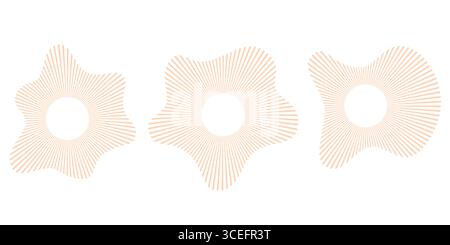 Sammlung von Symbolen mit runden Wellen. Gebrochene konzentrische Kreise mit Welleneffekt, die Tonsignal, Radioecho, Lautsprecherschlag, Radarvibrationen und Lautstärke darstellen Stock Vektor