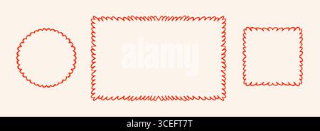 Handgezeichneter Rahmen mit Wellenmuster. Rote Kollektion mit gewelltem Rand. Kreis-, Rechteck- und quadratisch gekritzelte Muschelschachtel für Einladungsvorlage, Poster, Banner. Verzerrte Kanten Skizzenkoffer. Vektor Stock Vektor
