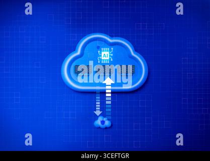 KI-Cloud-Speichersystem mit Symbolen für Rechenzentrumsserver und Pfeilen zum Hochladen/Herunterladen auf digitalem Hintergrund, die künstliche Intelligenz und Cyberfunktion darstellen Stockfoto