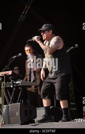 WARMDUSCHER, KONZERT, 2025: Craig Higgins (Cams Baker Jr.) von der Rockband Warmduscher spielt auf der Bergbühne. Brecon, Wales, Großbritannien, 17. August 2025. Das Green Man Festival 2025. Foto: Rob Watkins/Alamy Live News. INFO: Warmduscher ist eine 2014 in London gegründete Band, die Funk, Punk und verschlafenen Rock mit surrealem Humor verbindet. Bekannt für wilde Live-Shows, sorgt der krasselige Sound für Chaos und Groove. Stockfoto