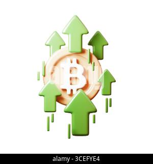 Vektorillustration von Bitcoin, der mit mehreren grünen Pfeilen und Halbtontextur steigt. Symbol für Wachstum von Kryptowährungen, Aufwärtstrend auf dem Markt und Finanzen Stock Vektor