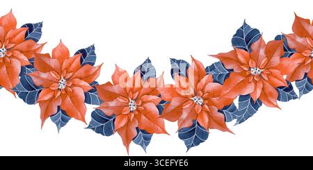 Nahtloser, welliger Rand von Weihnachtsstern, handgezeichnet. Die Aquarellabbildung ist auf weißem Hintergrund isoliert. Weihnachtsvorlage Stockfoto