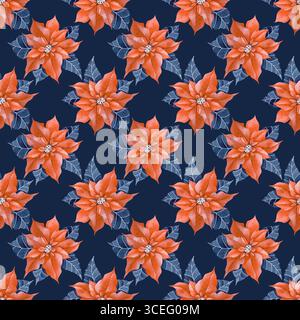 Nahtloses Aquarellmuster mit einem roten Weihnachtsstern auf dunkelblauem Hintergrund, handgezeichnet. Botanische Illustration der traditionellen festlichen Blume Stockfoto