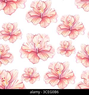 Zarte rosafarbene Hibiskusblüten sorgen für ein nahtloses Muster für Tapeten und Hintergrunddesign Stock Vektor