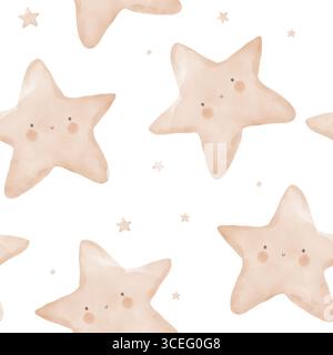 Handgezeichnetes Aquarellähnliches nahtloses Muster für Kinderzimmer mit Happy Stars. Traumhafte skurrile Zeichnung mit Beige lächelnden Sternen auf weißem Hintergrund. Stockfoto