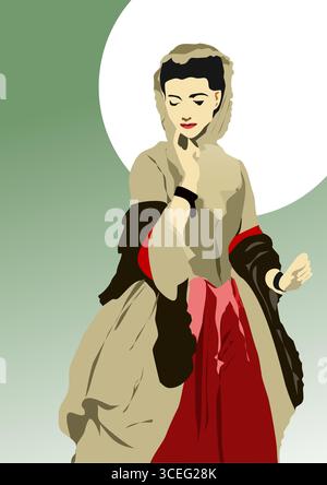 Wunderschöne Dame im historischen Vintage Kleid des 19. Jahrhunderts. Viktorianische englische oder französische weibliche Figur. 3D-handgezeichnete Vektorillustration Stock Vektor