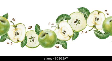 Nahtloser, wellenförmiger Rand mit grünen Äpfeln, handgezeichnet. Aquarellillustration mit ganzen und geschnittenen Äpfeln, grünen Blättern und Samen. Botanik Stockfoto