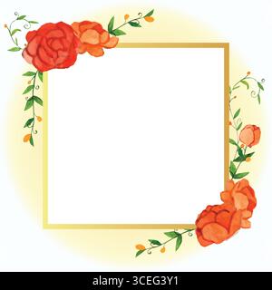 Orangefarbener Blumenstrauß über goldener Kartenschablone. Farbenfrohe Blumenarrangements für Einladung, Hochzeitszeremonie oder Jubiläum im Sommer. Stock Vektor