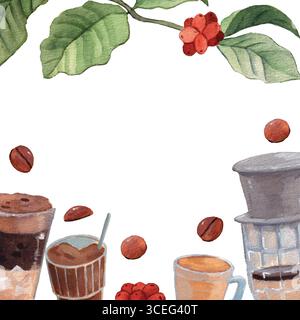 Aquarellkaffee-Rahmen mit tropischen Blättern, roten Kaffeekirschen, gerösteten Bohnen, Eisgetränken, heißen Latte-Tassen, Tropffilter und Löffel. Perfekt für Coffee Stock Vektor