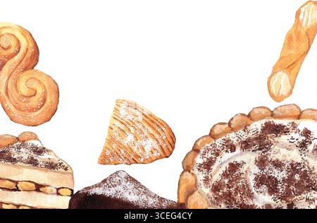 Aquarellhintergrund mit italienischen Desserts – Tiramisu, Cannoli, Sfogliatelle. Handgemalter Aquarellhintergrund. Weiche, warme Palette mit Realis Stock Vektor