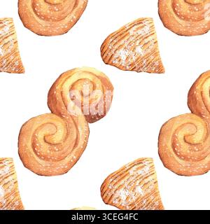 Aquarellmuster von Sfogliatelle und Pane Siciliano – italienisches Gebäck und Brot. Muschelteig mit Zitrus-Ricotta-Füllung und Grießbrot; für cul Stock Vektor