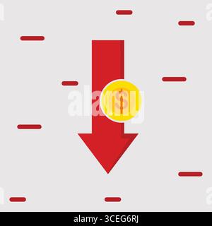 Eine Vektorgrafik mit einem großen roten Pfeil, der nach unten zeigt und einen Rückgang, Verlust oder wirtschaftlichen Abschwung symbolisiert. Stock Vektor