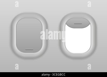 Realistisches Flugzeugfenster-Set mit offenen und geschlossenen Ansichten, Kunststoff- und Glasdesign, Vektormodell für Flugreisekonzept und Flugpräsentation Stock Vektor