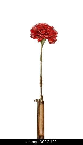 Eine alte rote Nelkenblume in einem Gewehrlauf, symbolisiert die friedliche Revolution und den Sturz der Diktatur in Portugal (1974). Handgezeichnet Stockfoto