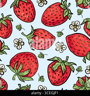 Saftige Erdbeeren mit Blumen und Blättern auf einem blassblauen Hintergrund. Sich wiederholendes nahtloses Muster für Stoff, Verpackung und Sommerdekoration. Stock Vektor