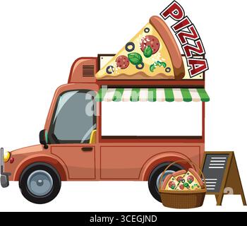 Vektor-Illustration eines roten Pizza Food Trucks mit einem riesigen Pizzascheiben-Schild, gestreiftem Markise, Menübrett und Pizzakorb. Helle, flache Farben Stock Vektor
