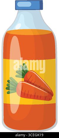Vektor-Illustration einer klaren Flasche gefüllt mit Orangensaft, mit einem hellen Etikett mit zwei Cartoon Karotten und einer blauen Kappe Stock Vektor