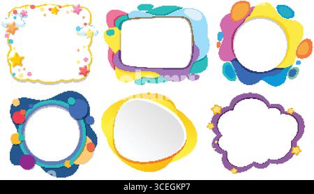 Lebendige Vektorillustration mit sechs abstrakten Rahmen mit verspielten Formen und hellen Farben, ideal für kreative Projekte Stock Vektor