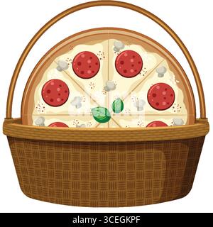 Vektor-Illustration einer Peperoni-Pizza mit Pilzen und Basilikum in einem gewebten Picknickkorb aus Weide, mit flachen Farben und klaren Linien Stock Vektor