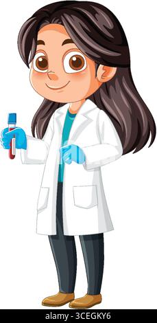 Cartoon Vektor Illustration einer Wissenschaftlerin mit langen dunklen Haaren, Handschuhe und Laborkittel, die ein Blutteströhrchen hält Stock Vektor