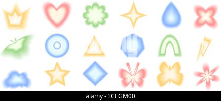 Geometrische Form des Verlaufs für Weichzeichnungsverläufe festgelegt. Y2K Retro Herz, Tropfen und Kreis mit Blütenformen. Bunte Schmetterlings- und Kronsymbole auf weißem Hintergrund. Trendig Stock Vektor